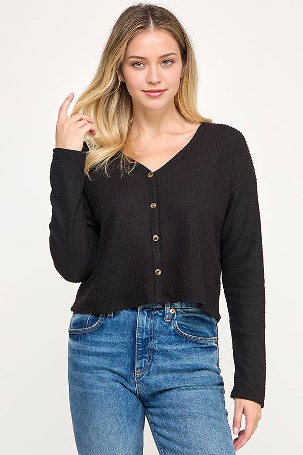 Long sleeve waffle knit top: Black