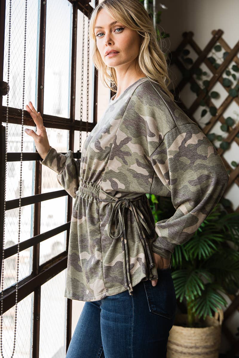 Long Sleeves Ruffle Elastic Waist Side Tie Top: Camo