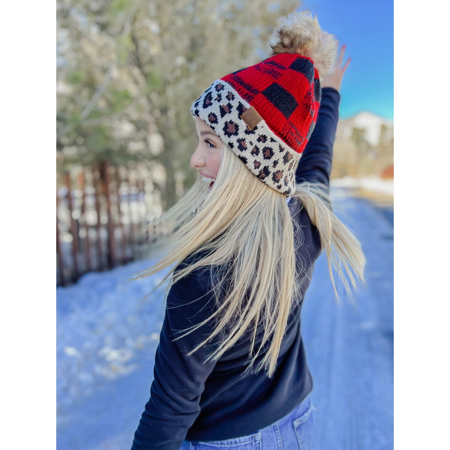 Leopard/Buffalo Mixed Print Fur Pom C.C Beanie: Red/Black