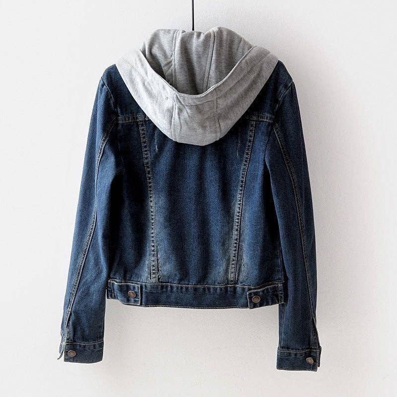 Women Casual Hooded Denim Jacket with Patchwork Design: Light Blue / L