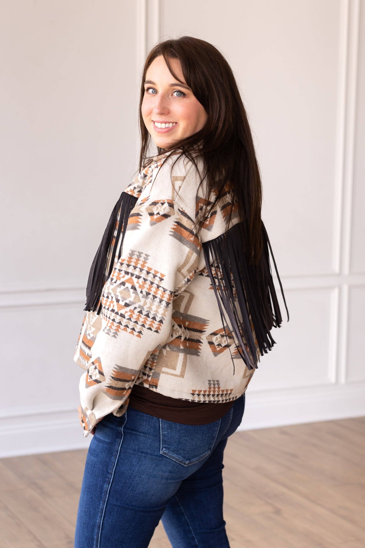 Boho Breeze Aztec Jacket with Fringe: Beige / Large