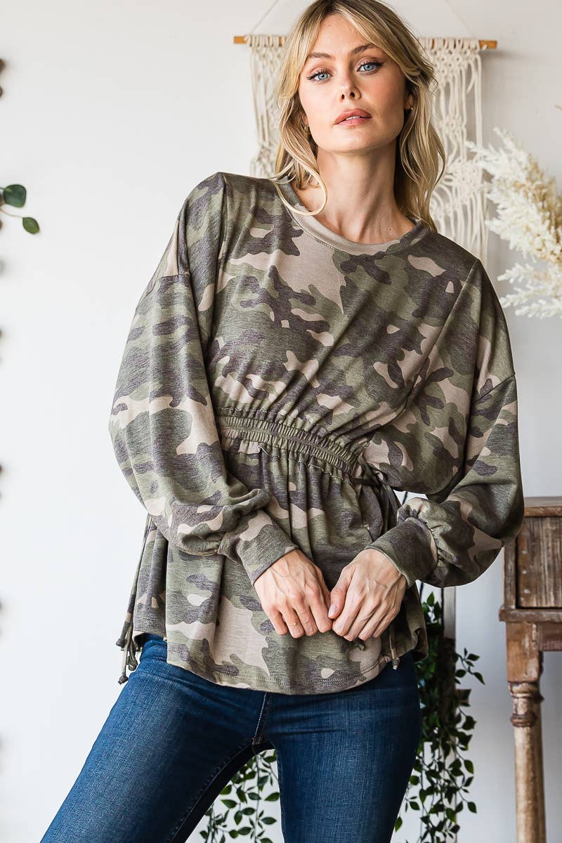 Long Sleeves Ruffle Elastic Waist Side Tie Top: Camo