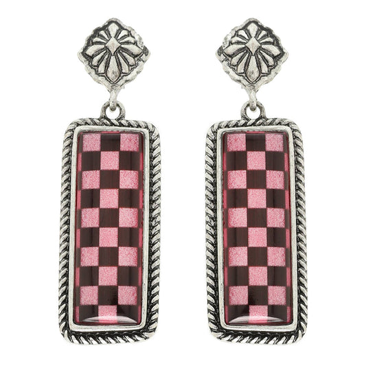 Western Epoxy Checkerboard Bar Post Earring: Fuchsia