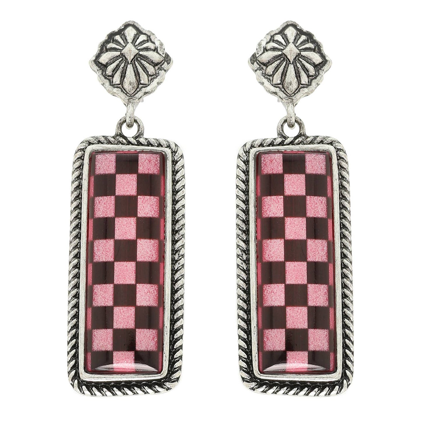 Western Epoxy Checkerboard Bar Post Earring: Turquoise