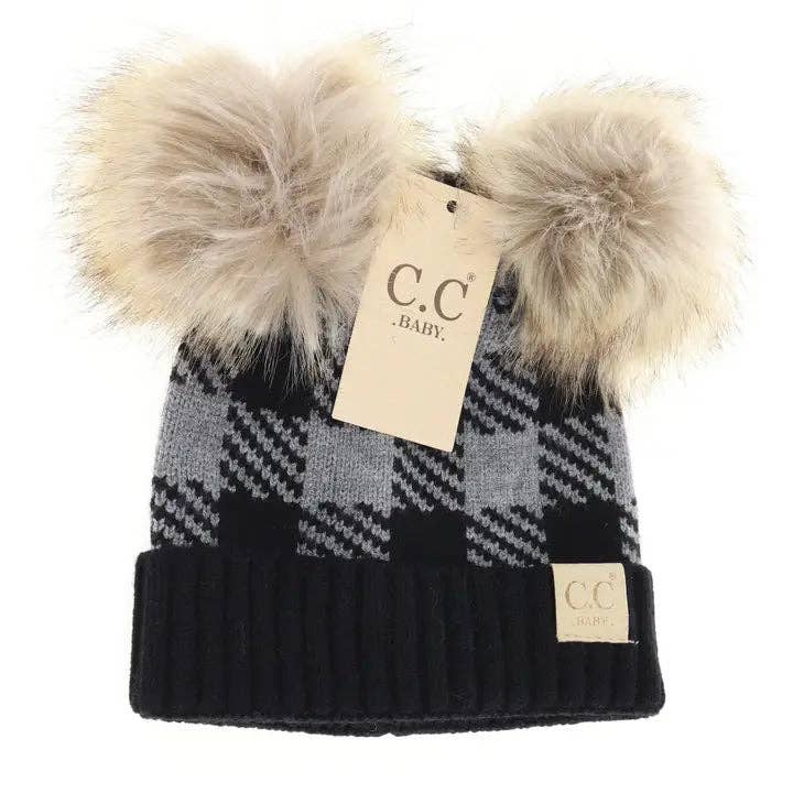 BABY Buffalo Check Double Pom C.C Beanie BABY: Lt. Grey/Black