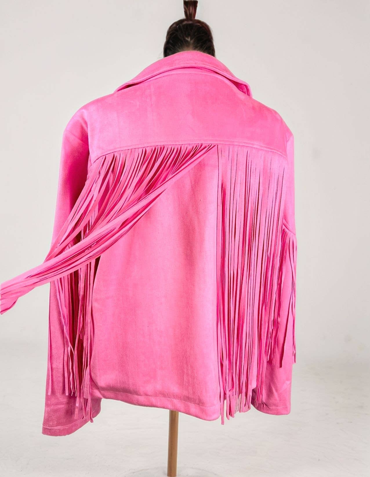 Fringe Vegan Suede Jacket -Hot Pink