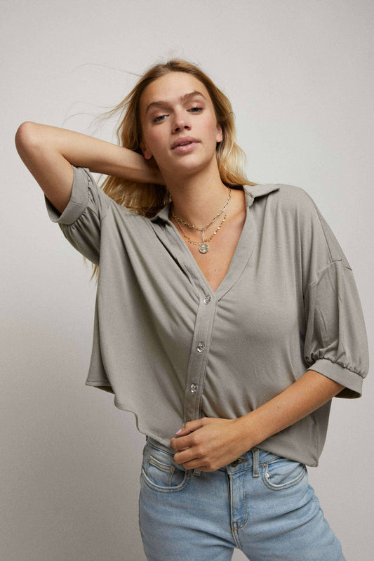 Elbow Sleeves W/Rhinestone Button Down Crop Shirt