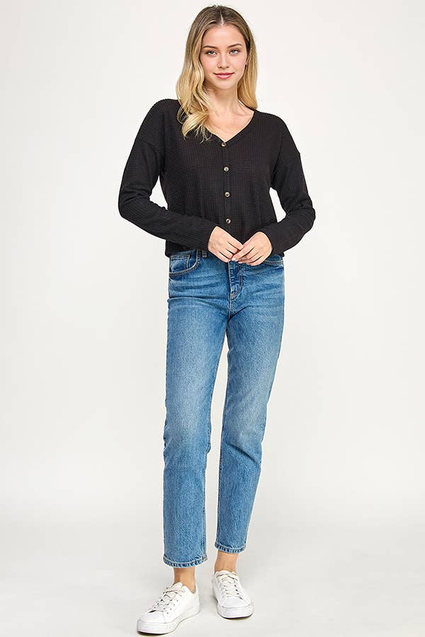 Long sleeve waffle knit top: Black
