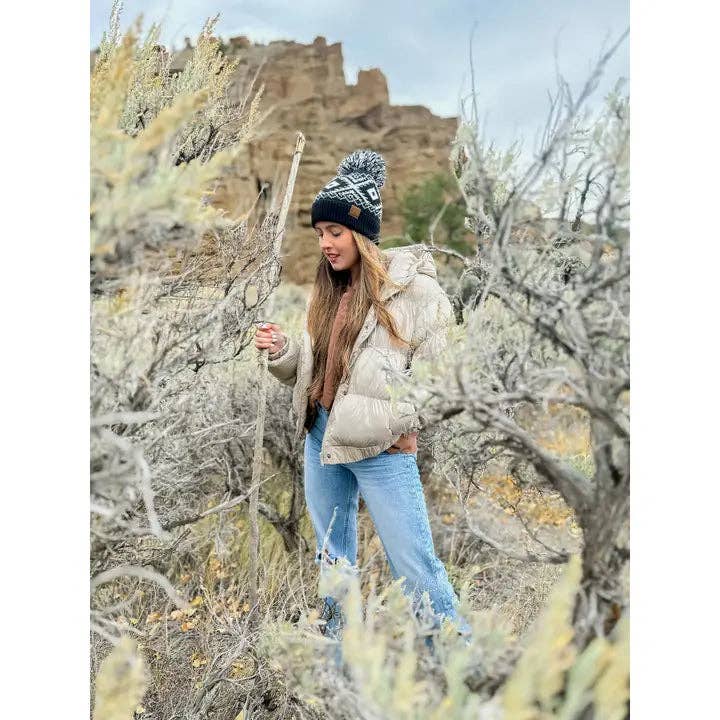 Aztec Multi-Colored Pom C.C Beanie: Dk. Grey