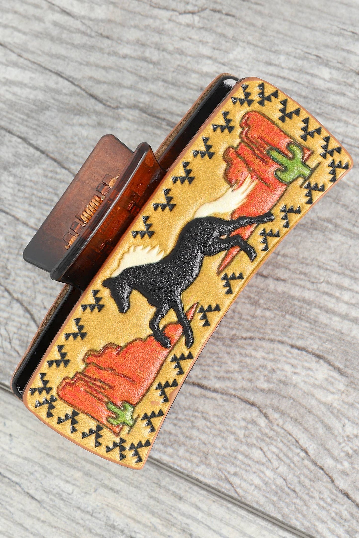 Western Black Horse Graphic Leather Claw Clip