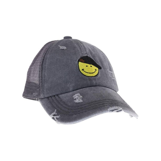 KIDS C.C Smiley Face Embroidered Criss Cross High Pony C.C Ball Cap
