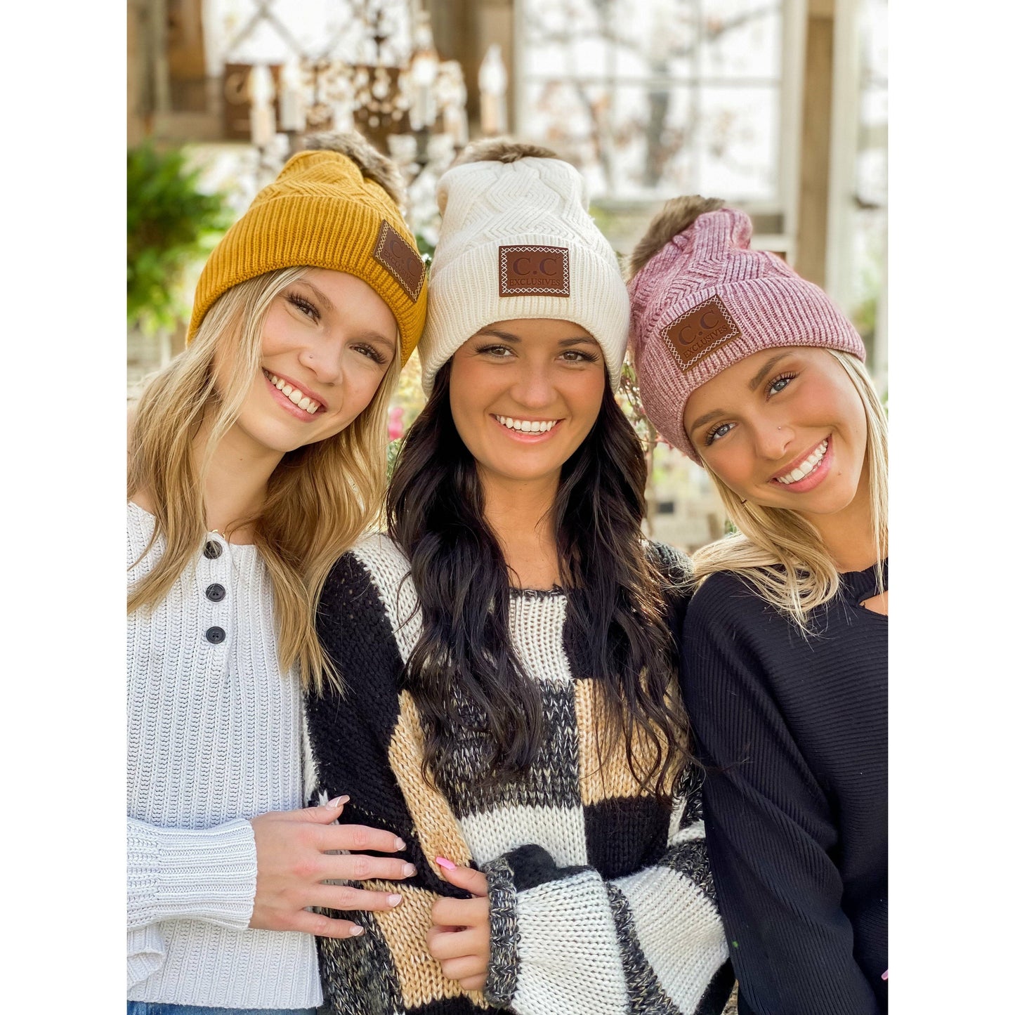 Geometric Knit Faux Fur Pom Beanie: Mustard