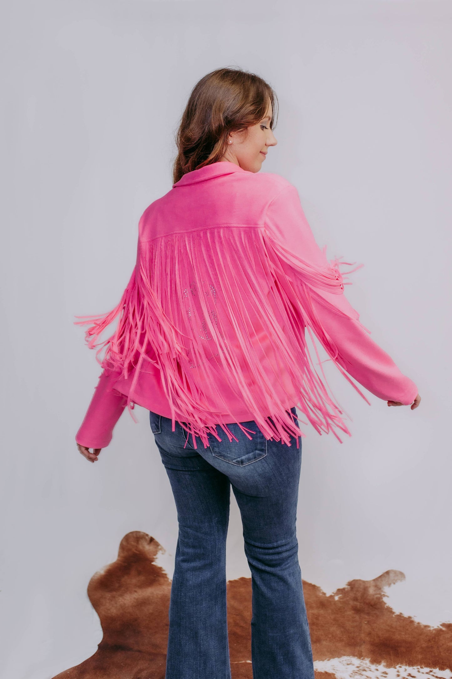 Fringe Vegan Suede Jacket -Hot Pink