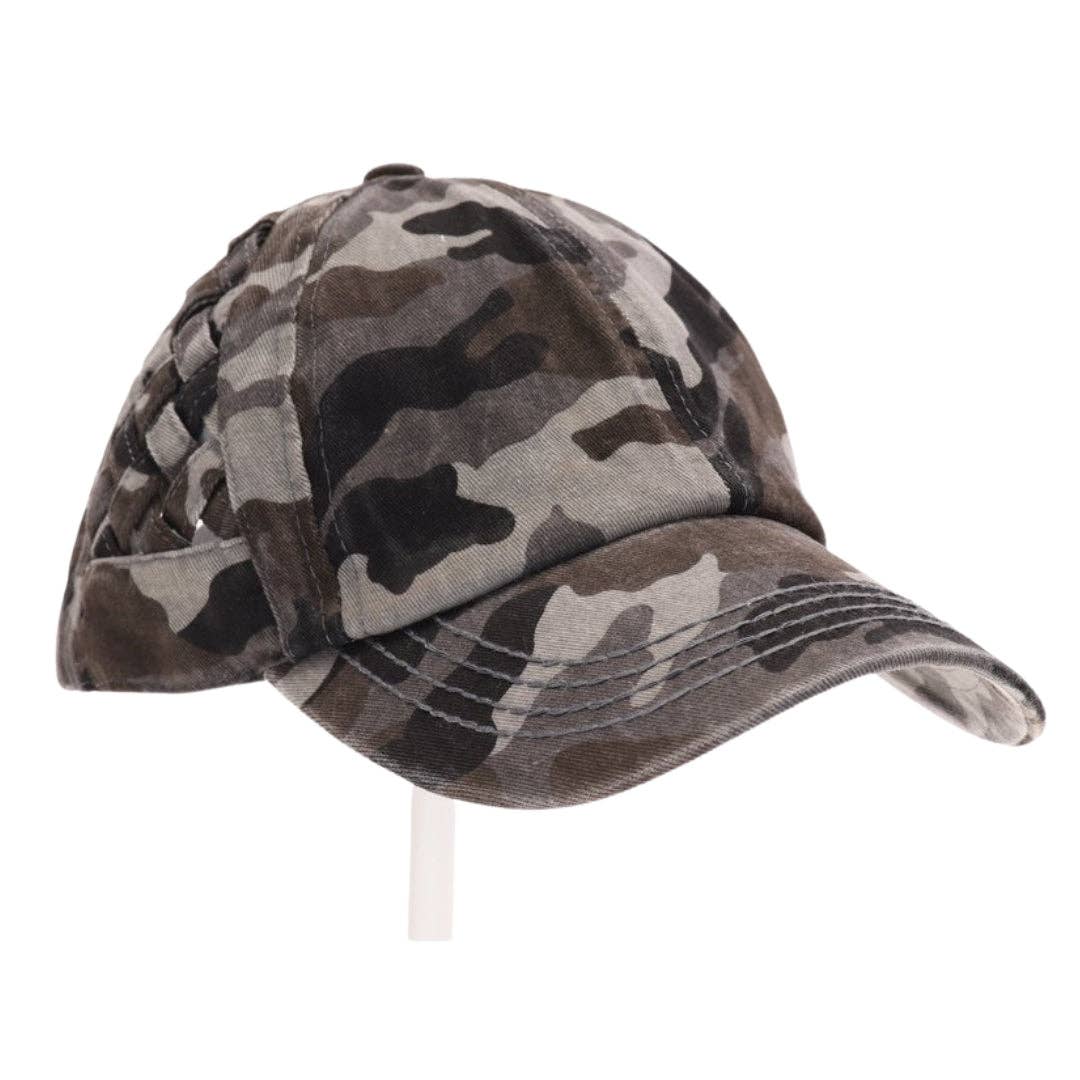 Basket Woven Criss-Cross High Ponytail CC Ball Cap: Grey Camo