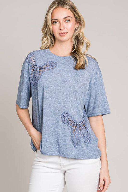 Butterfly Embroidered Cut Out Oversize Knit Top