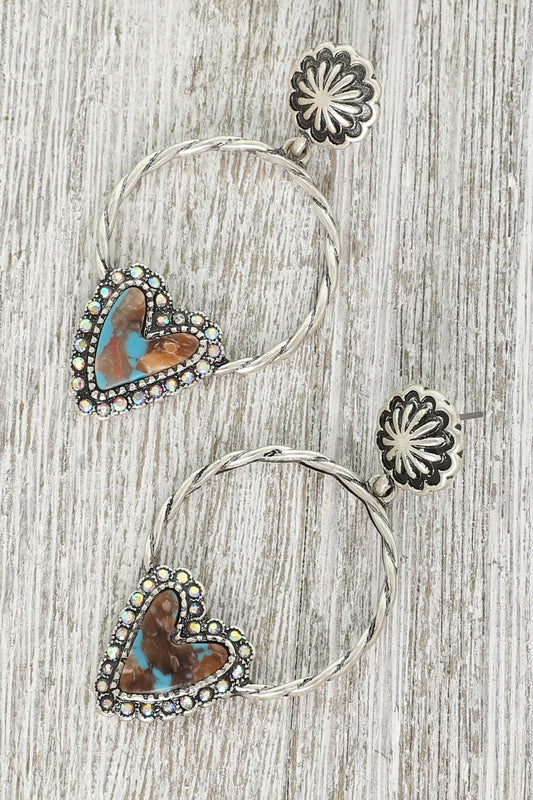 Western Turquoise Heart Open Circle Drop Earrings