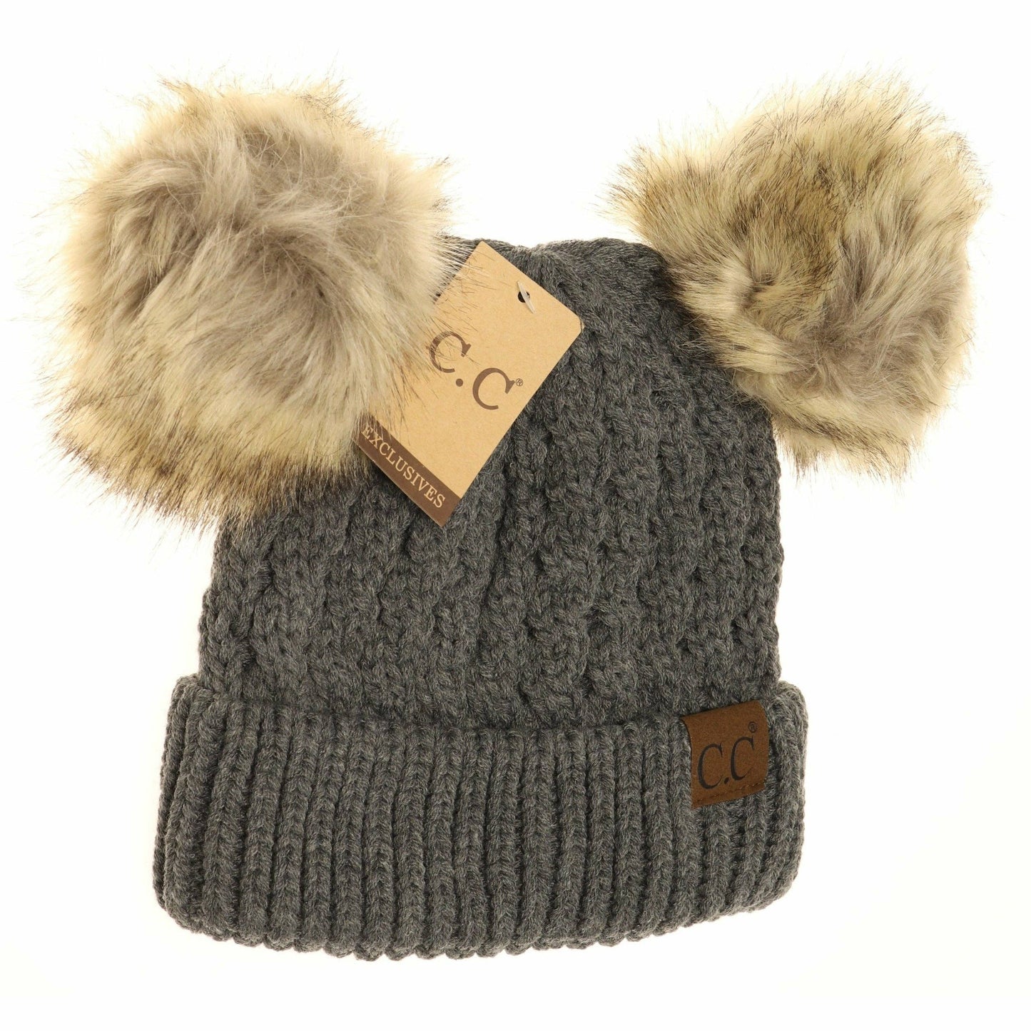 Cable Knit Double Pom Beanie: Mustard
