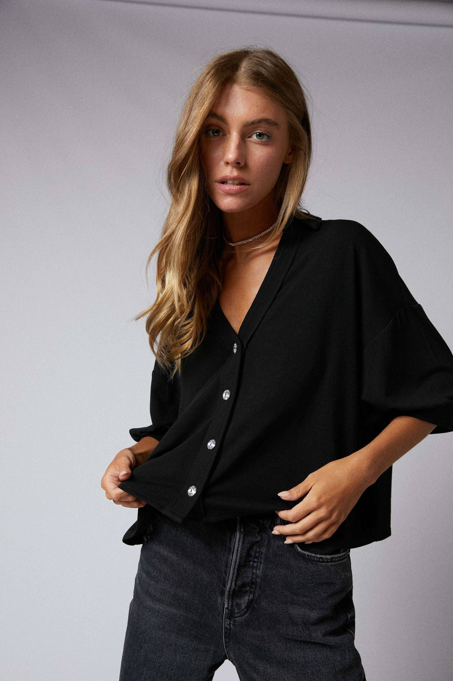Elbow Sleeves W/Rhinestone Button Down Crop Shirt
