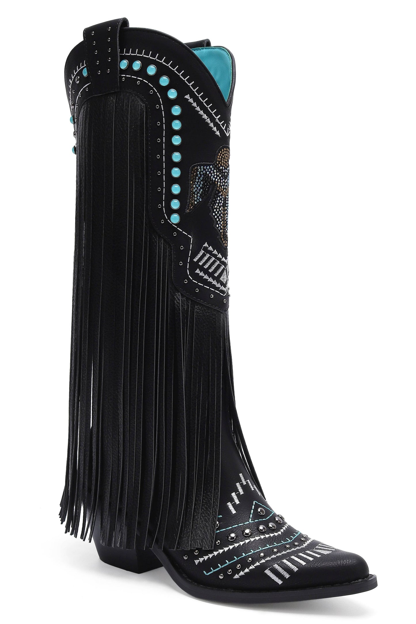 Fringe Cowgirl Boots with Rhinestone Accents: Black
