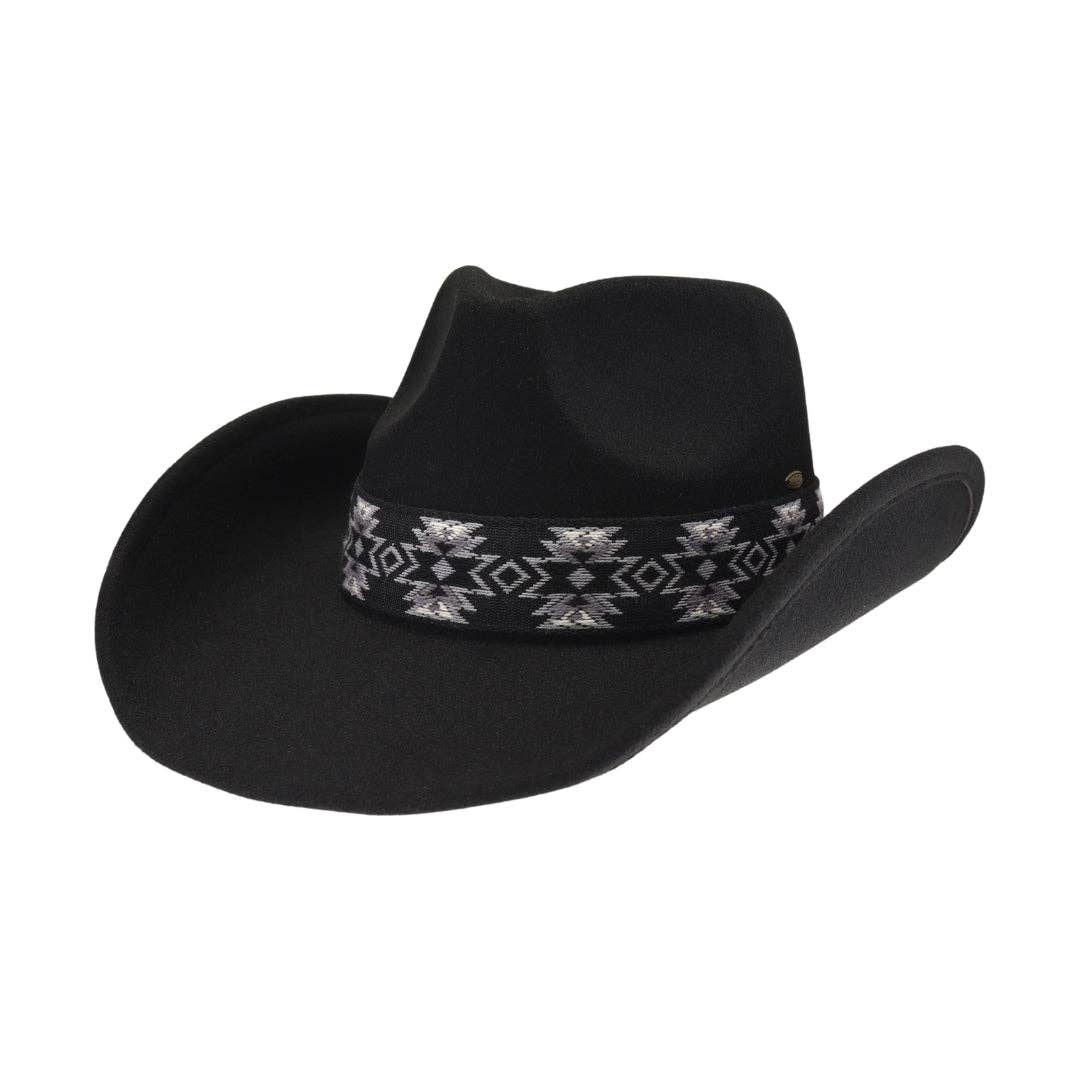 Aztec Vegan Fabric Cowboy Hat: Black