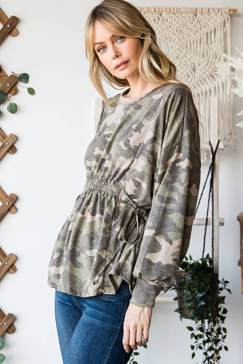Long Sleeves Ruffle Elastic Waist Side Tie Top: Camo