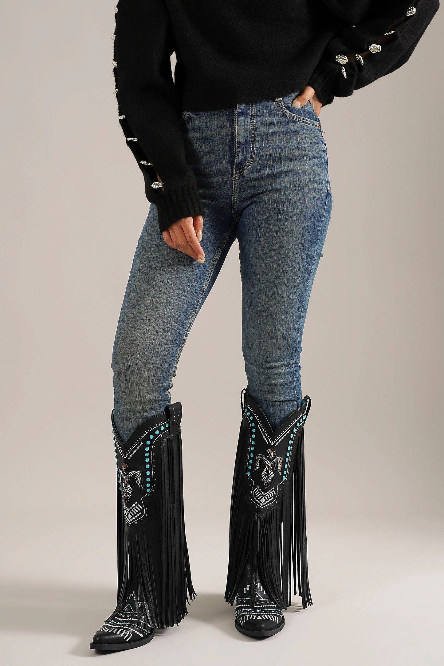 Fringe Cowgirl Boots with Rhinestone Accents: Black