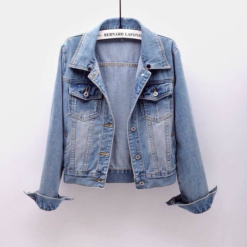 Women Casual Hooded Denim Jacket with Patchwork Design: Light Blue / S