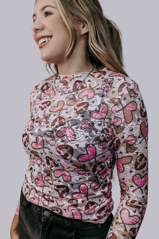 Western Heart Lace Top: Pink