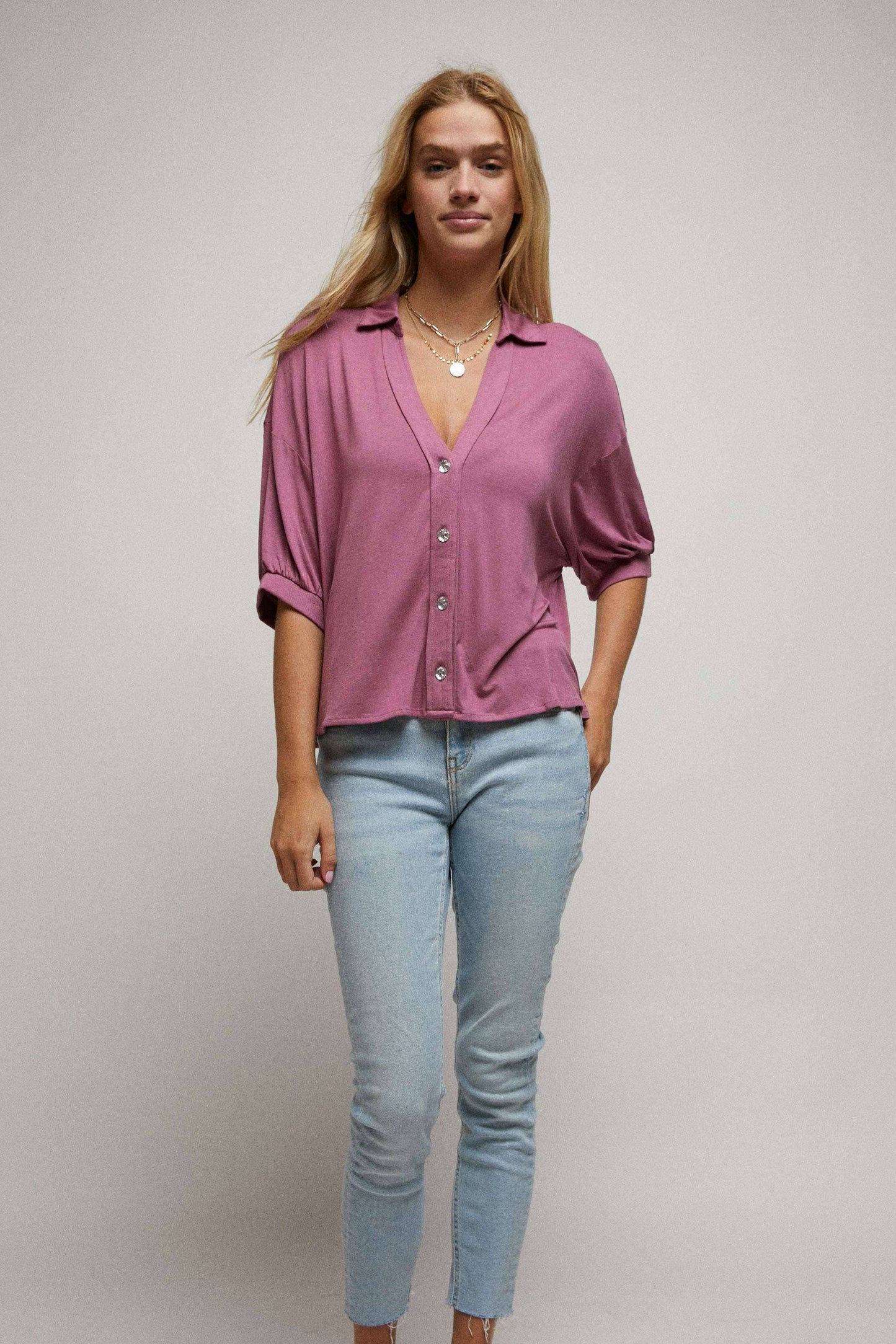 Elbow Sleeves W/Rhinestone Button Down Crop Shirt