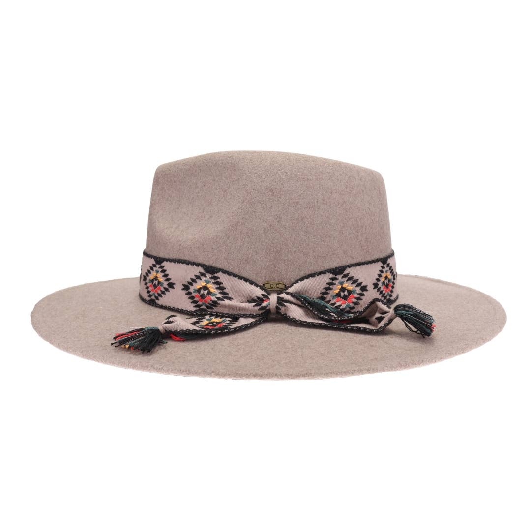 Aztec Trim Band Vegan Fabric C.C Panama Hat: Dk taupe