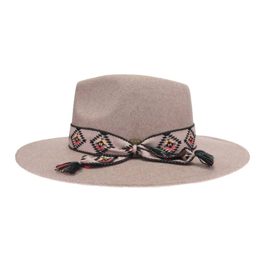 Aztec Trim Band Vegan Fabric C.C Panama Hat: Dk taupe
