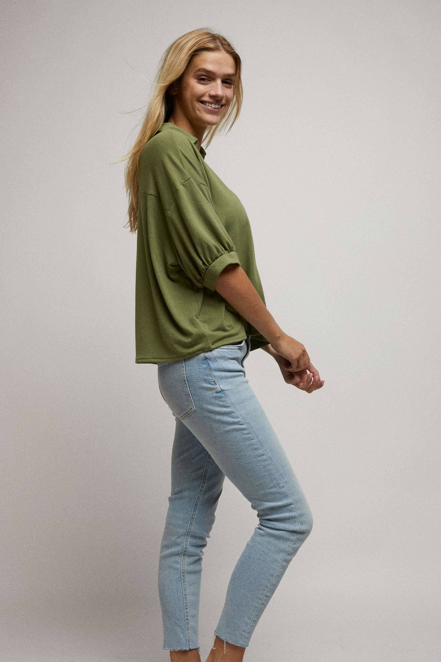 Elbow Sleeves W/Rhinestone Button Down Crop Shirt