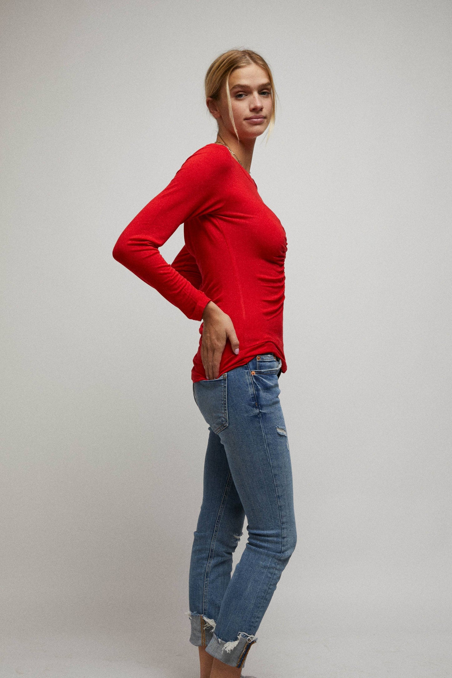Long Sleeve Cinched Open Back Top: RED