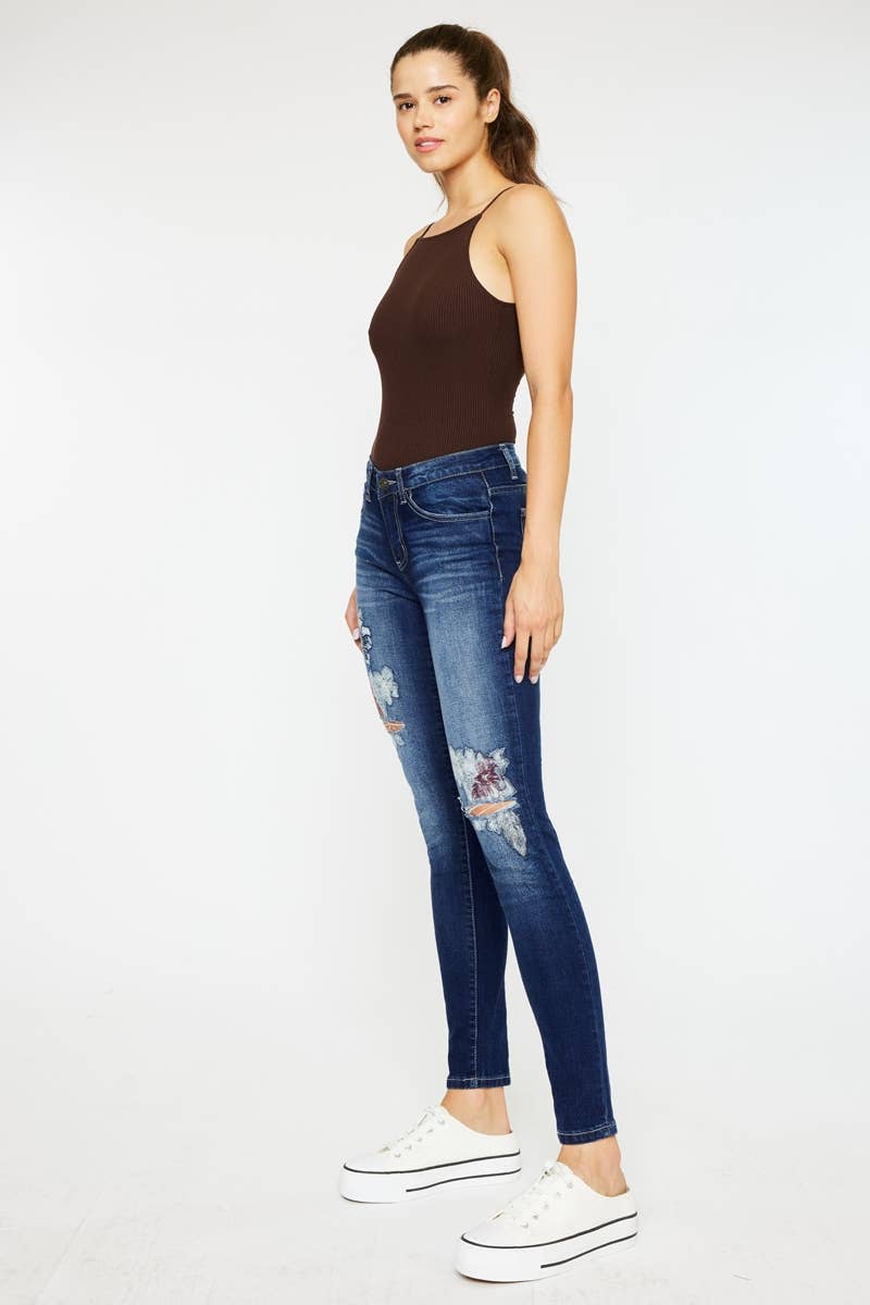 Kan Can USA Floral Embroidered Dark Denim Skinny Jeans