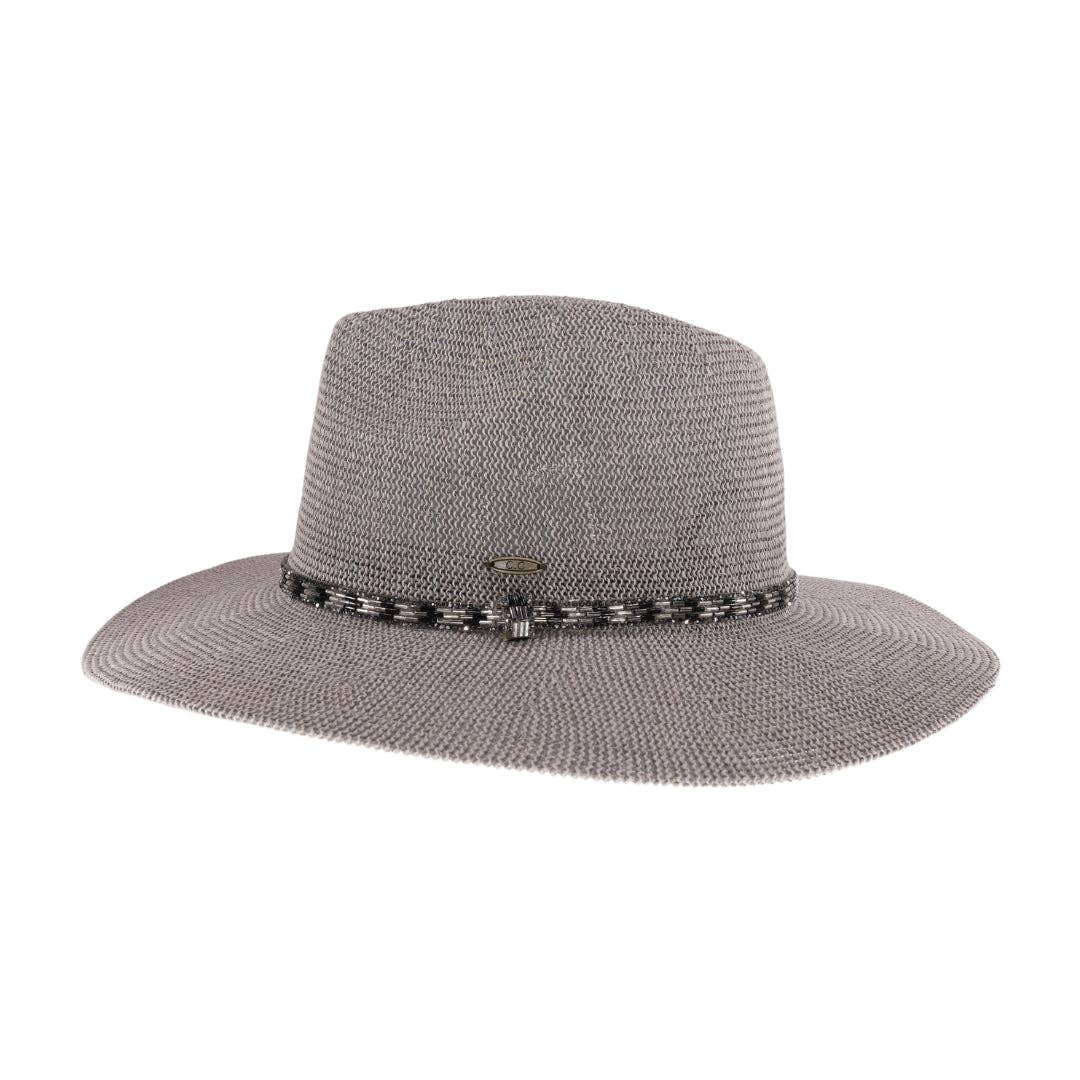 Knit Rhinestone Bugle Bead Trim C.C Panama Hat: Lt. Grey