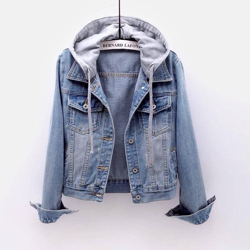 Women Casual Hooded Denim Jacket with Patchwork Design: Light Blue / M