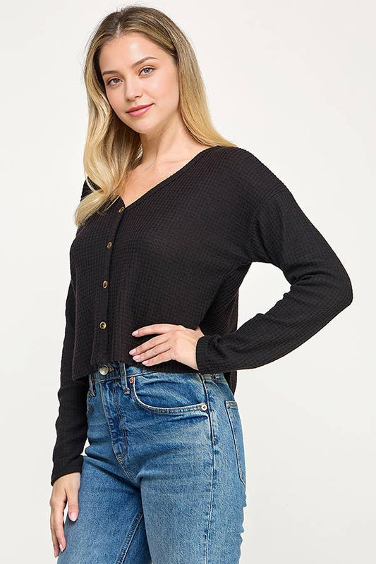 Long sleeve waffle knit top: Black