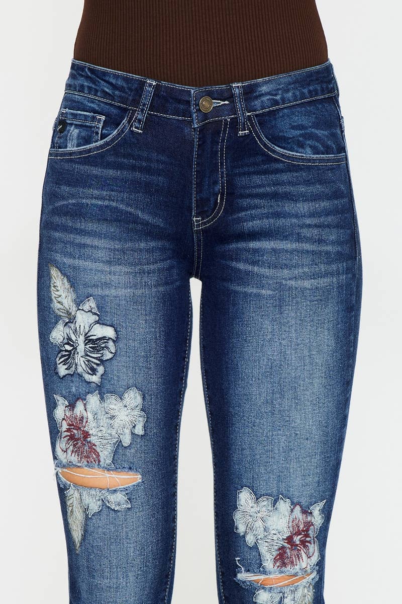 Kan Can USA Floral Embroidered Dark Denim Skinny Jeans