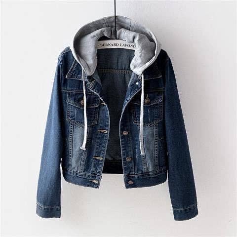 Women Casual Hooded Denim Jacket with Patchwork Design: Light Blue / 2XL
